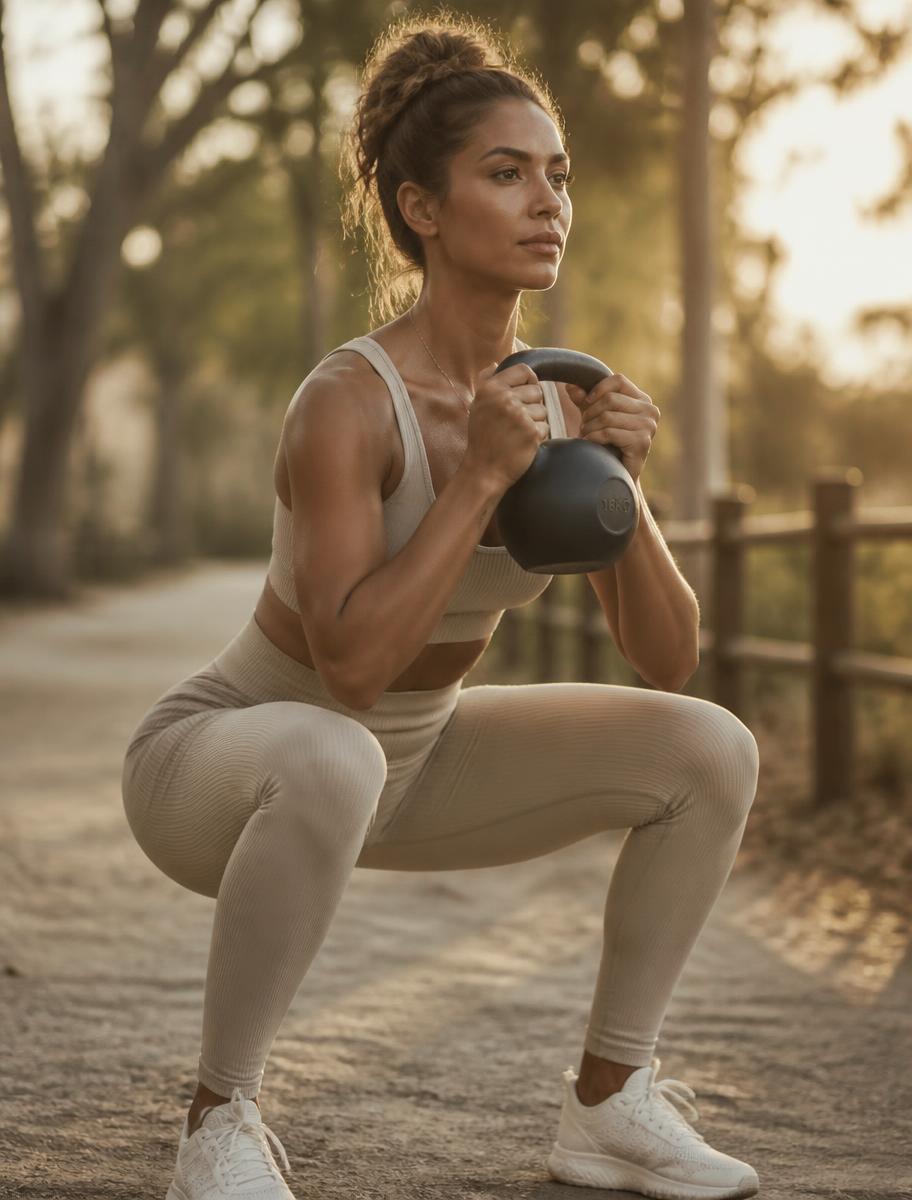 Woman performing a kettlebell squat outdoors at golden hour